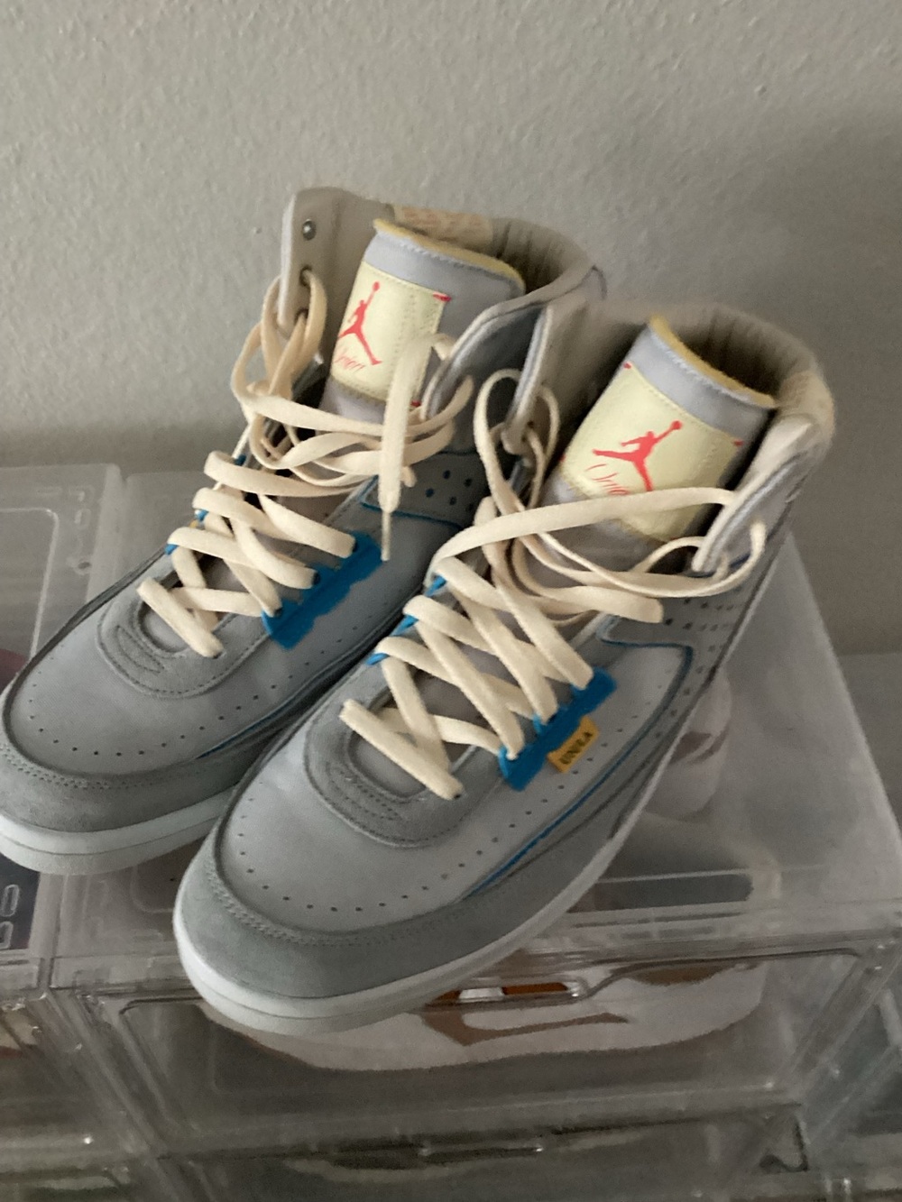 Jordan Mid-Top Sneakers in Light Gray, Cream & Blue Accent